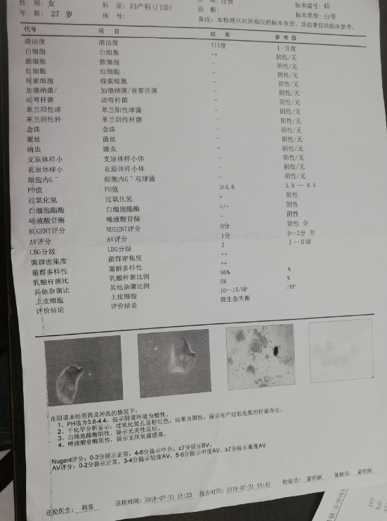 5.29检查白带常规跟支原体,支原体阳性3.4e