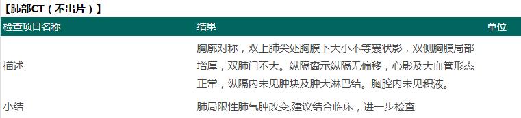 描述胸廓對稱，雙上肺尖處胸膜下大小不等囊狀影，雙側(cè)胸膜局部增